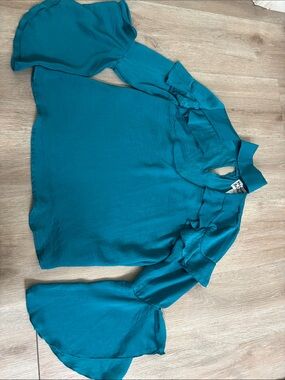 Madison & Berkeley Teal Ruffle-Accent Bell Sleeve Blouse